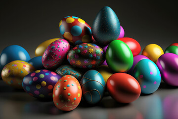 Colorful Easter eggs, hand decorated ,made with Generative AI