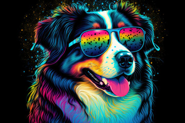 Portrait of Australian shepherd  with neon rainbow colors. Dog painting for poster and wall paper ,made with Generative AI