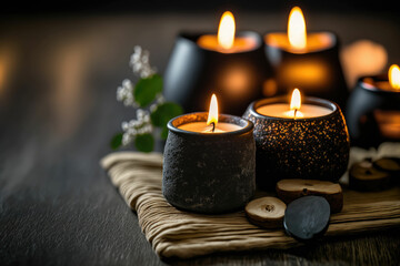 Candles and black hot stone on wooden background. Hot stone massage setting lit by candles. Beauty spa treatment and relax concept ,made with Generative AI