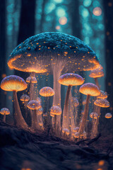 Fototapeta premium Blue glowing lit mushrooms ,made with Generative AI
