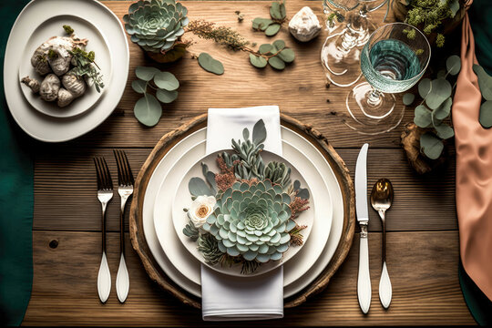 A romantic backyard wedding reception with a rustic wooden table decorated ,made with Generative AI