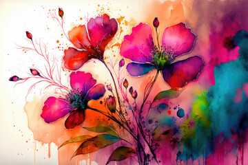 Flower meadow in spring, watercolor flowers ,made with Generative AI
