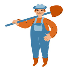 Gardner with shovel. Colored flat vector illustration