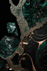 Luxurious black, teal and gold smooth marble background ,made with Generative AI