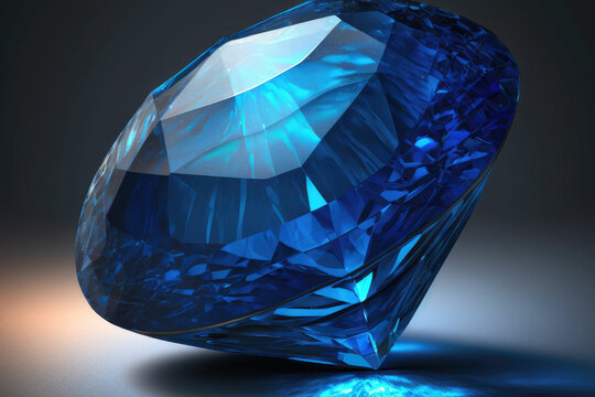 Front view close-up of shining bright blue sapphire gemstone ,made with Generative AI