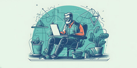 Flat style modern outlined concept illustration. Businessman sitting and working on a laptop. Generative AI  