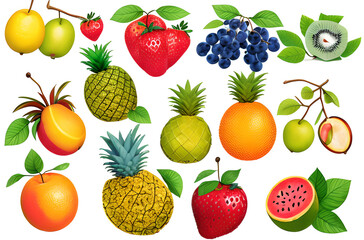 A set of exotic fruits and berries (kiwi, blue grapes, strawberries, pineapple, pear) with green
leaves isolated on a white background.
Generative AI.