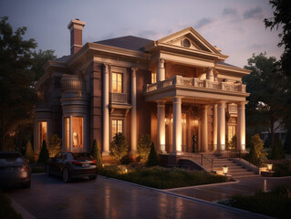 Obraz premium A Well Lit Home with a Georgian Architecture Design at Night | Generative AI