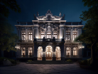 Obraz premium A Well Lit Home with a Neo-Baroque Architecture Design at Night | Generative AI