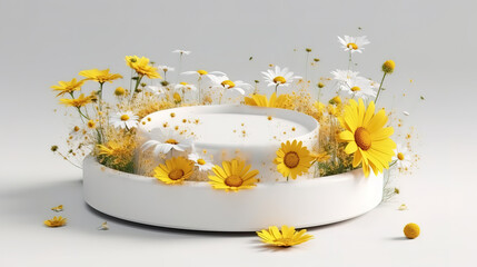 3D podium display with daisy field flowers levitating on white background. Generative ai