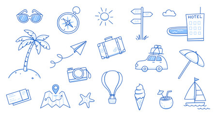Summer travel vacation drawn set. Hand drawn sketch doodle style summer trip, vacation background. Sun, travel bag, beach tent doodle element. Funny tourism vector illustration.