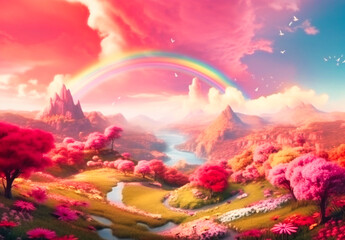 pink spring garden fairy land background in the clouds with rainbow animation