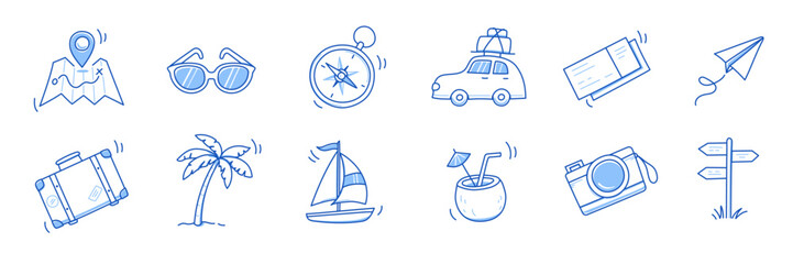 Summer travel vacation drawn icon set. Hand drawn sketch doodle style summer trip, vacation icon. Camera, travel bag, palm doodle element. Funny tourism vector illustration. © Polina Tomtosova