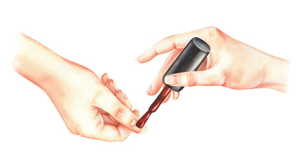 Watercolor illustration of hands doing manicure applying red nail polish. Isolated on a white background. For beauty salons, cosmetic stores to create stickers, posters, prints, business cards