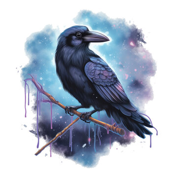 A crow t-shirt design with a fantasy touch, featuring a crow with glowing eyes, perched on a magical staff, against a background of swirling mist and sparkles, Generative Ai