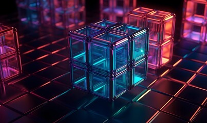 Connected iridescent cubes, 3d rendering, colorful, technology, business