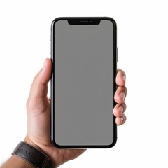 Fototapeta Hand hält ein schwarzes Smartphone iPhone mit leerem Bildschirm und modernem rahmenlosem Design – isoliert auf weißem Hintergrund | Generative AI obraz