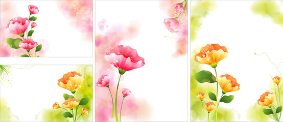 beautiful floral pink and orange spring flower water color pattern abstract design banner wallpaper background set