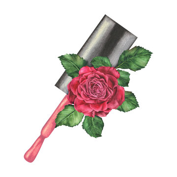 recommend clip art: Watercolor illustration. Pink nail polish brush with a composition of rose and leaves. Hand drawn isolated clip art on white background. For manicure, beauty salons to create stickers, posters