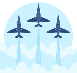 Eagle fighters flying in blue sky vector illustration. Cartoon drawing of jet planes taking off, aircraft exercises, streams and clouds of smoke. Aviation, transportation, military concept © PCH.Vector