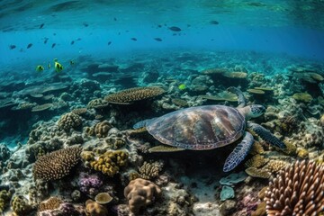 Naklejka na ściany i meble A lush natural reef teeming with sea life. Colorful tropical fish of every hue swimming by schools of parrotfish. Sea turtles gracefully gliding through the coral. Generative AI