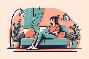 Flat style modern outlined concept illustration. Woman sitting and working on a laptop on a couch. Generative AI 