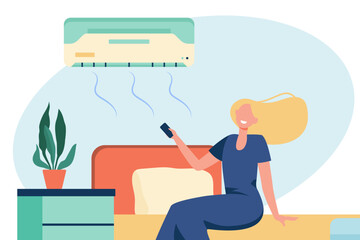 Woman turning air conditioner on in room vector illustration. Cartoon drawing of happy girl controlling temperature in bedroom, air conditioning system. Home appliances, technology, climate concept