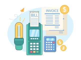 Payment terminal with utility bill vector illustration. Cartoon drawing of invoice, gold coins, energy saving lightbulb, electricity consumption bill. Household, payment, electricity concept