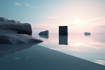 Surreal landscape with rectangle mirror, calm water, rocks, beach and sky with clouds in background. Pastel colors. Generative AI