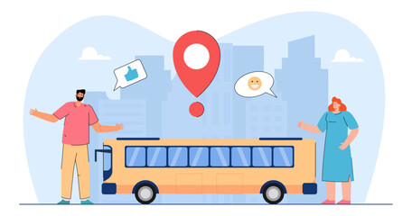 Urban people approving public transport vector illustration. Cartoon drawing of happy man and woman and yellow bus, location pin. Public services, transportation, community concept © PCH.Vector