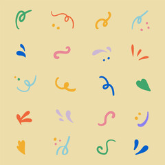 Colorful vintage hand-drawn set of scribbles and scrawls. Splash, leaf, heart and dots in squiggle doodle.