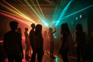 A group of young people dancing in a foggy and atmospheric club setting, surrounded by colorful lights and laser beams. Generative AI