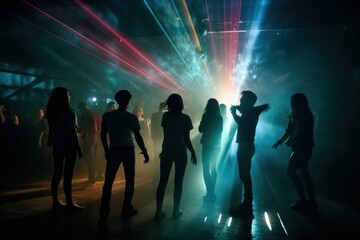 Fototapeta na wymiar A group of young people dancing in a foggy and atmospheric club setting, surrounded by colorful lights and laser beams. Generative AI