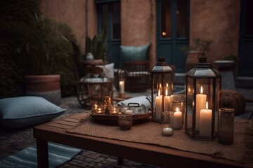 Fototapeta na wymiar Calm outdoor space with lit candles. Generative AI