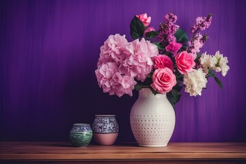 Vase of various flowers on wooden table, in front of pink and purple wall. Also, white vase of pink flowers. Generative AI