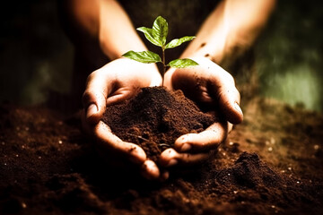 Hand-holding plants growing on soil. Environment Earth Day In the hands of trees growing seedlings., Generative AI