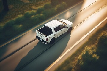 A white pickup truck traveling on the roadway. Generative AI - obrazy, fototapety, plakaty