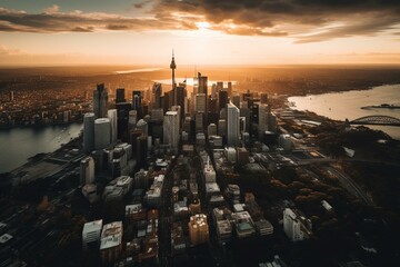 A stunning, panoramic vista of Sydney's city skyline and urban landscape. Generative AI