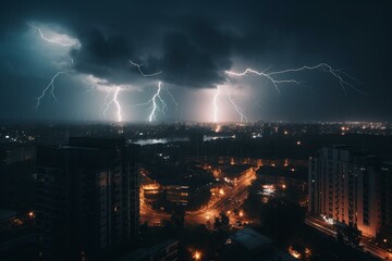 Electric storm in the dark. Weather, hurricane, typhoon, tornado. Generative AI