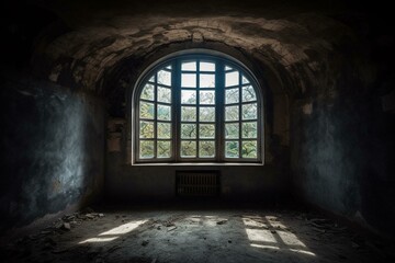 Fototapeta na wymiar A round window in a deserted tower. Generative AI