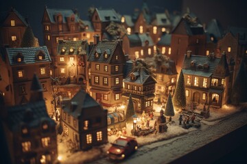 Fototapeta na wymiar Festive miniature town with buildings and decorations for Christmas. Generative AI