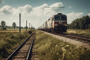 Fototapeta na wymiar Simple drawing of countryside train on track. Generative AI