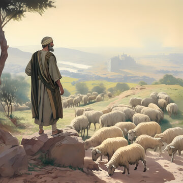 A shepherd looking over his flock. Biblical Old Testament environment. generative ai