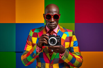 Black artist wearing colorful designer fashion. African American photographer holding a camera while wearing sunglasses. generative AI - obrazy, fototapety, plakaty