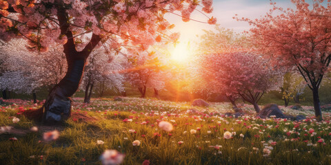 Colorful spring meadow with cherry blossom trees generative ai