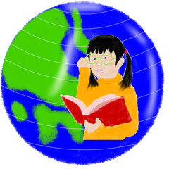 Vector illustration of a young girl reading a book in  a globe background