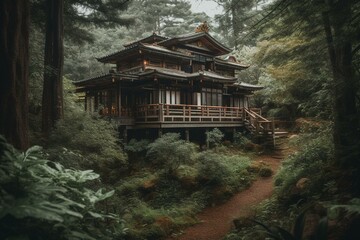 Fototapeta na wymiar Japanese house amidst forest painted. Generative AI