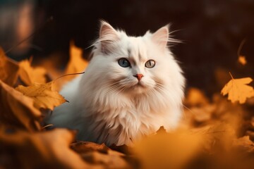 Naklejka na ściany i meble A small angora kitty sitting on yellow autumn leaves. Generative AI