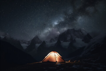 Fototapeta na wymiar Tent lit at night in the snowy mountains at night with the sky full of stars and the Milky Way. Generative AI.