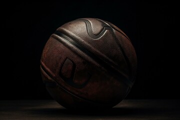 A dark leather basketball rests on a black surface. Generative AI
